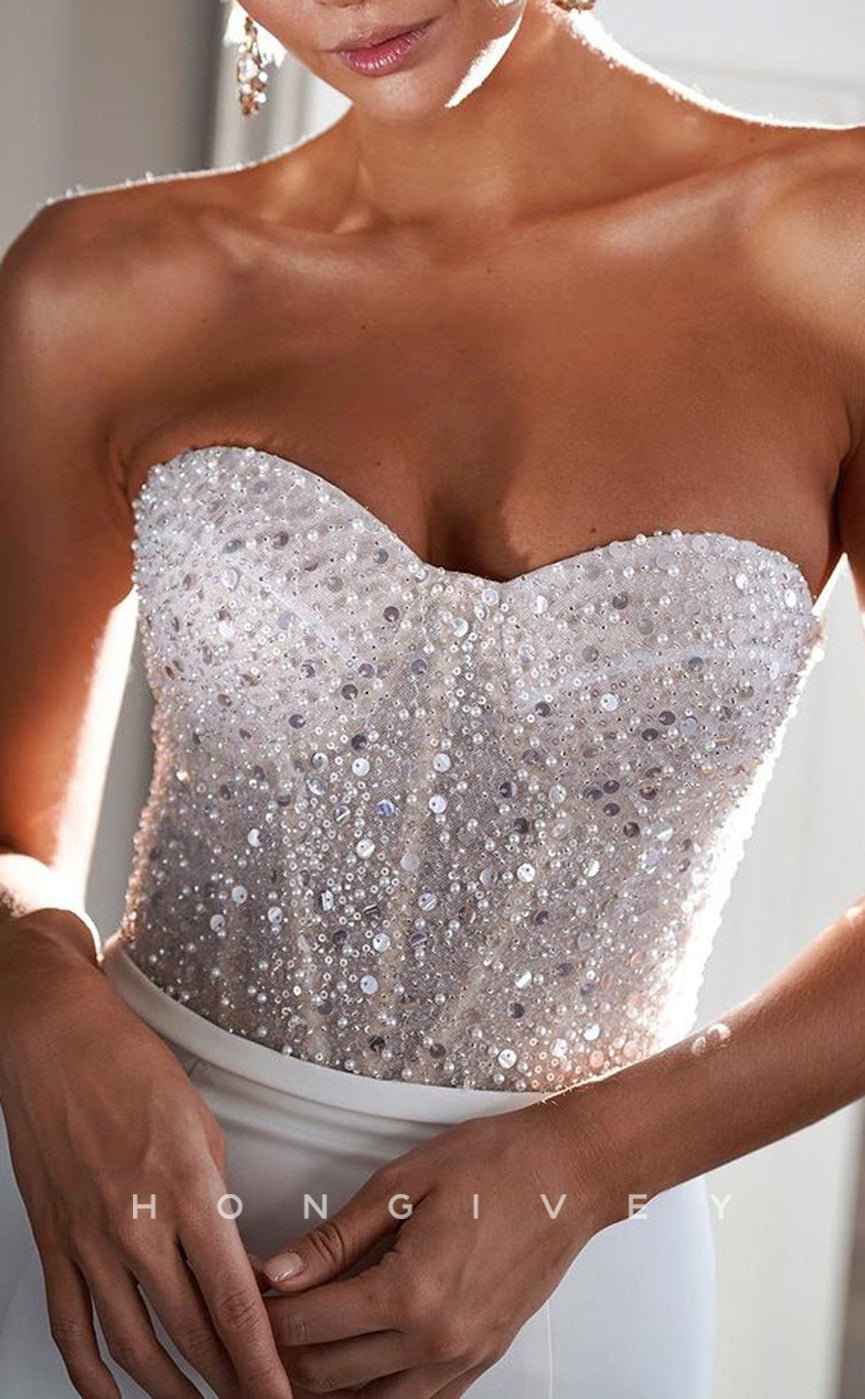 H1525 - Sexy Satin Trumpet Sweetheart Strapless Empire Beaded Sequined With Train Beach Wedding Dress - Fashionpara