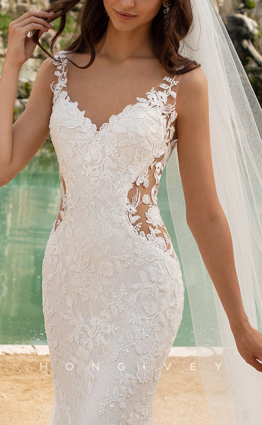 H1532 - Sexy Lace Trumpet V-Neck Spaghetti Straps Illusion Empire Appliques With Train Wedding Dress - Fashionpara