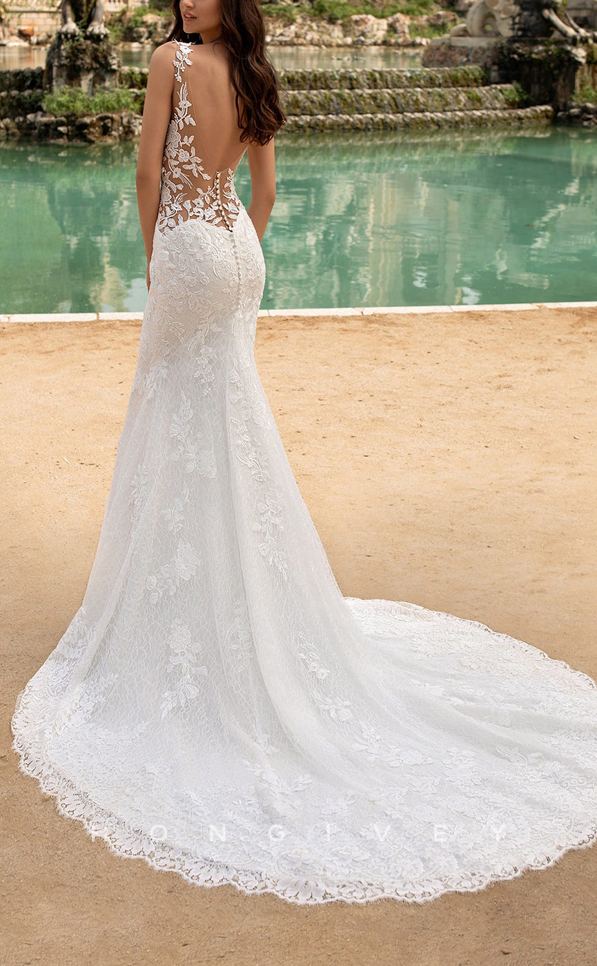 H1532 - Sexy Lace Trumpet V-Neck Spaghetti Straps Illusion Empire Appliques With Train Wedding Dress - Fashionpara