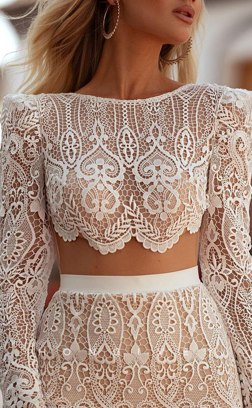 H1542 - Sexy Lace Trumpet Scoop Long Sleeve Illusion Empire Appliques With Side Slit Boho Wedding Dress - Fashionpara
