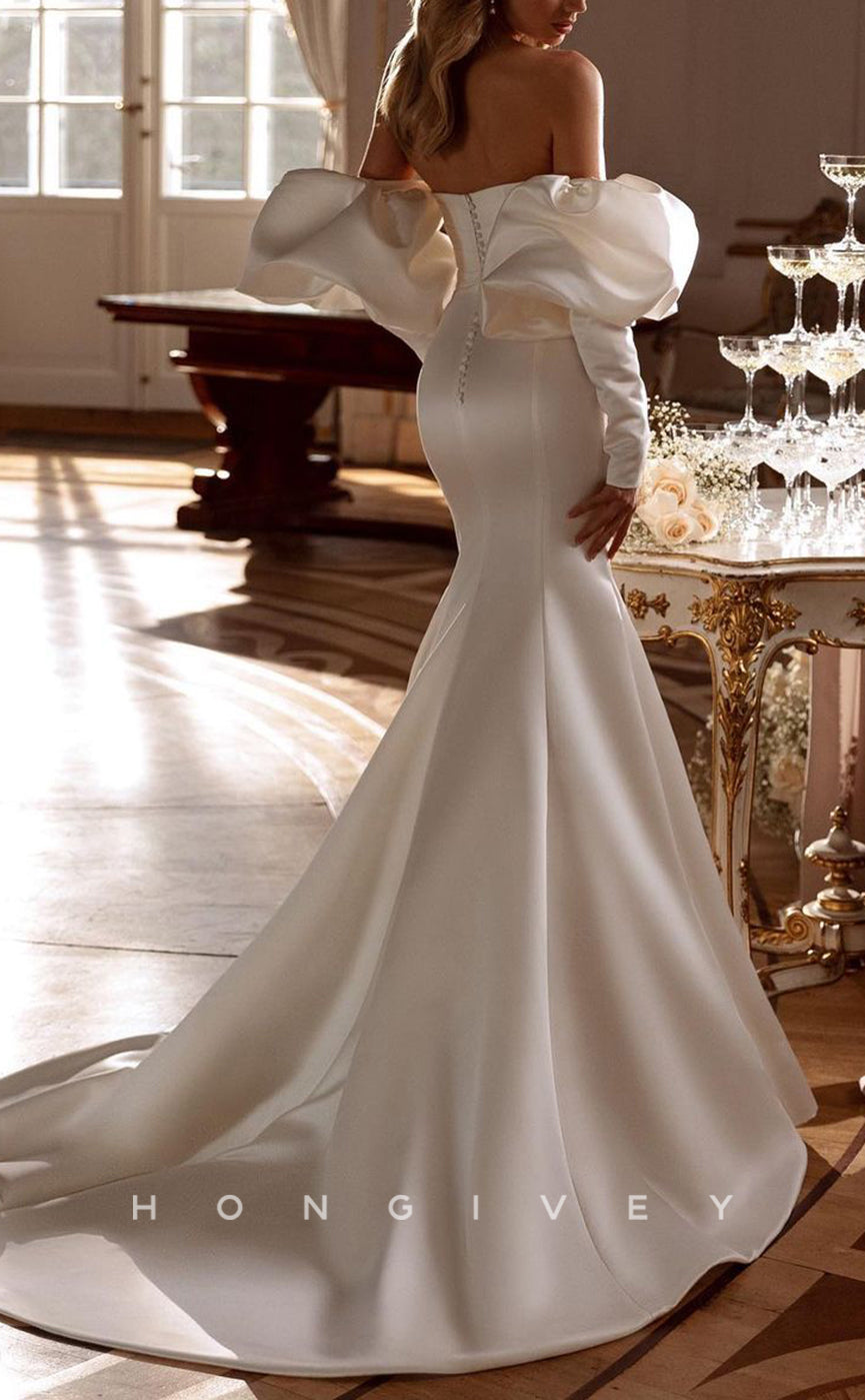 H1551 - Sexy Satin Trumpet V-Neck Strapless Long Sleeve Empire Ruched With Train Wedding Dress - Fashionpara