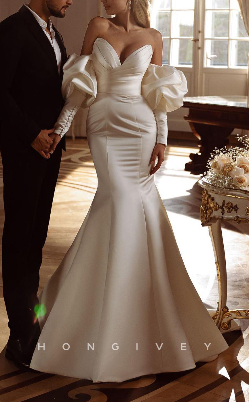 H1551 - Sexy Satin Trumpet V-Neck Strapless Long Sleeve Empire Ruched With Train Wedding Dress - Fashionpara