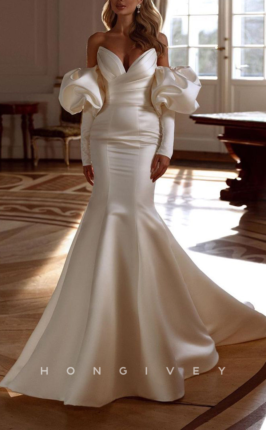 H1551 - Sexy Satin Trumpet V-Neck Strapless Long Sleeve Empire Ruched With Train Wedding Dress - Fashionpara