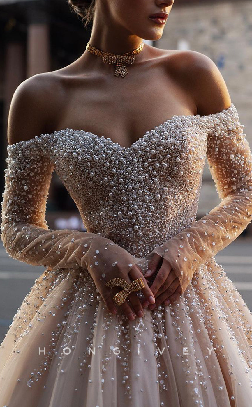 H1555 - Chic Tulle A-Line Off-Shoulder Long Sleeve Empire Beaded With Train Wedding Dress - Fashionpara