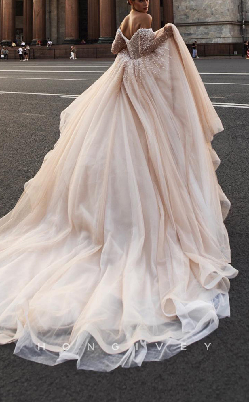 H1555 - Chic Tulle A-Line Off-Shoulder Long Sleeve Empire Beaded With Train Wedding Dress - Fashionpara
