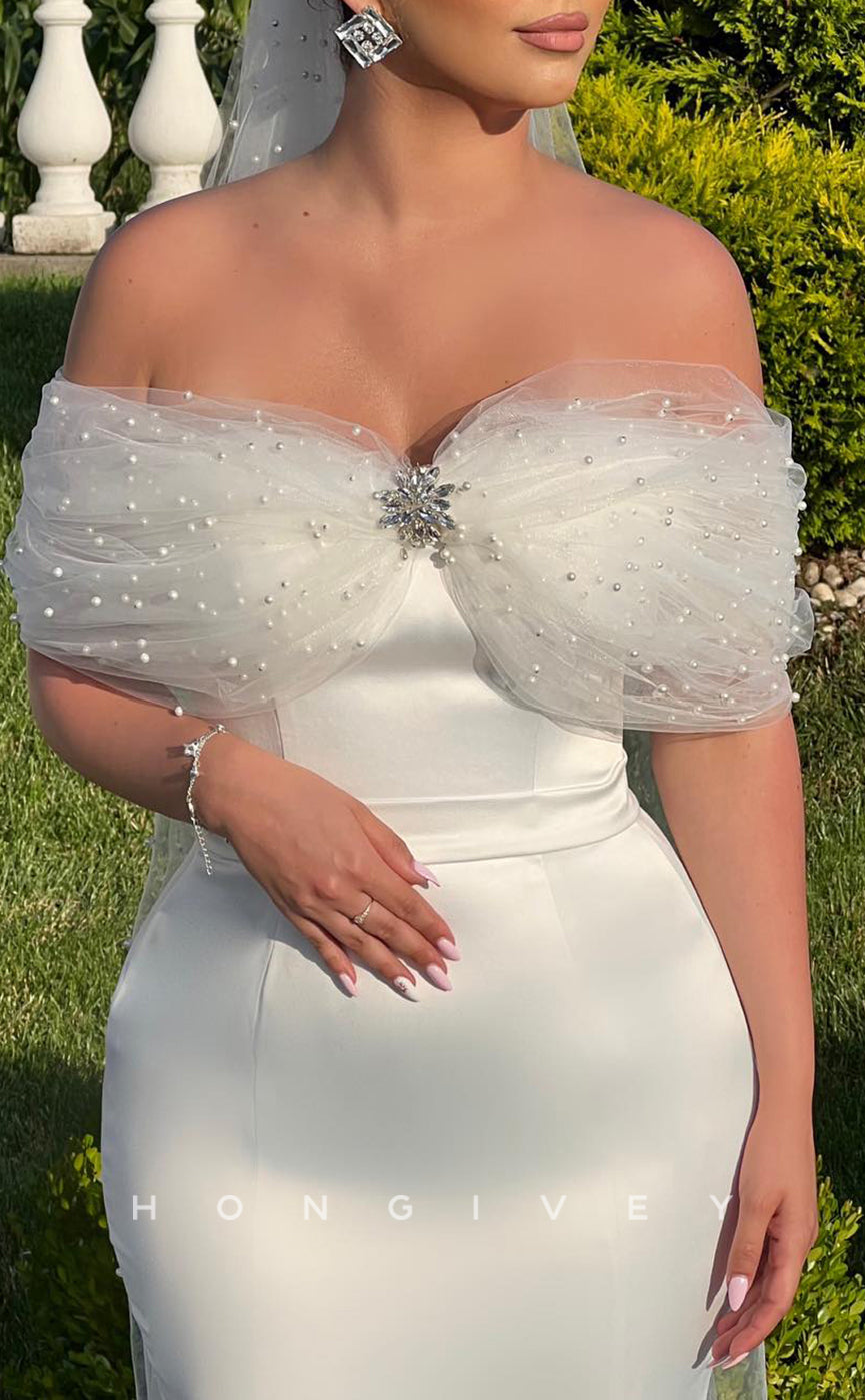 H1591 - Satin Trumpet Elegant Off-Shoulder Empire Pearls With Train Beach Wedding Dress - Fashionpara