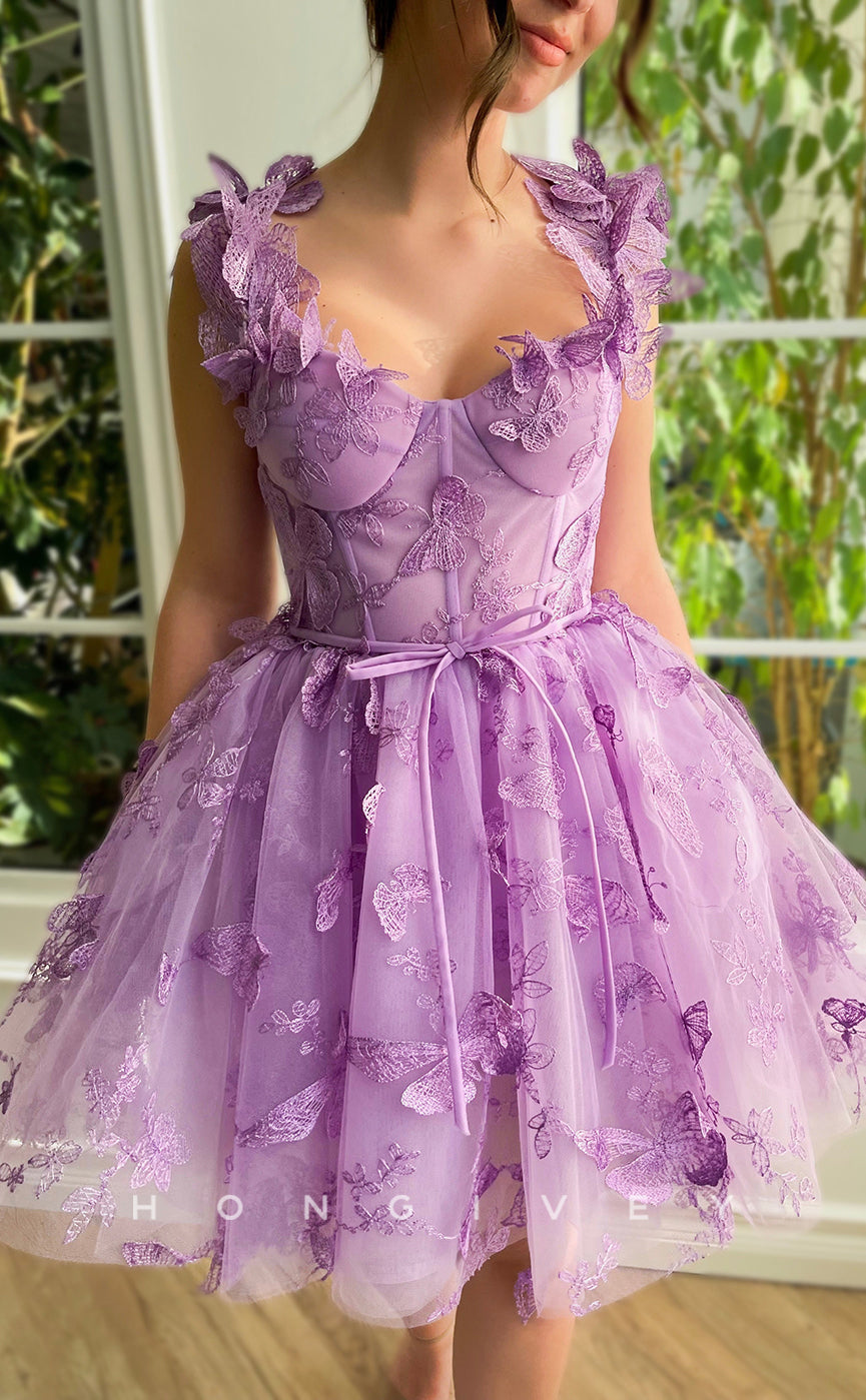 H1606 - Fully Butterfly Floral Embroidered Strappy Lace-Up Back Homecoming Graduation Dress - Fashionpara