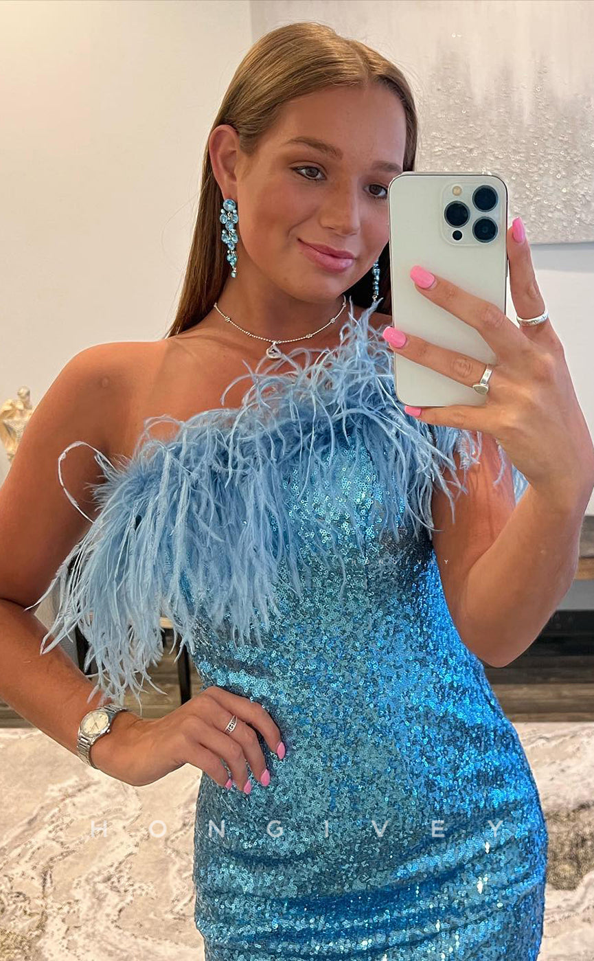 H1610 - Sparkly Feathered Fully Sequined Hip Wrap Homecoming Party Dress - Fashionpara