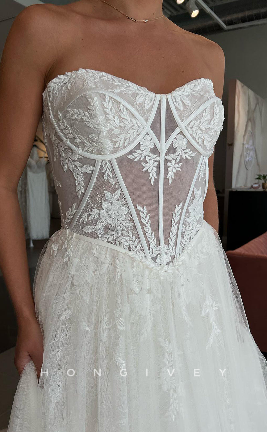 H1614 - Sweetheart Strapless Tulle Illusion Empire Lace Applique A-Line With Train Wedding Dress - Fashionpara