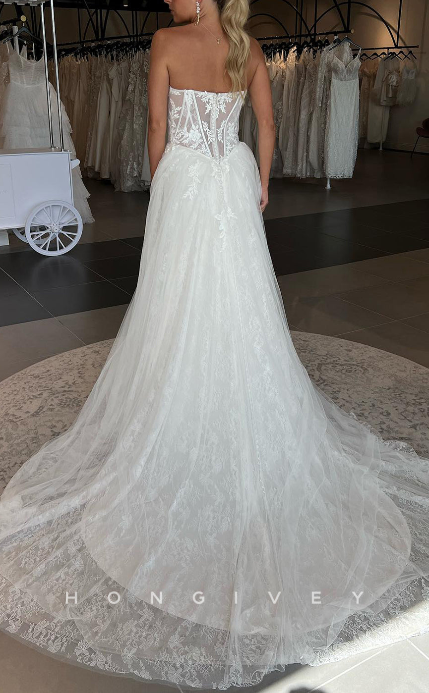 H1614 - Sweetheart Strapless Tulle Illusion Empire Lace Applique A-Line With Train Wedding Dress - Fashionpara