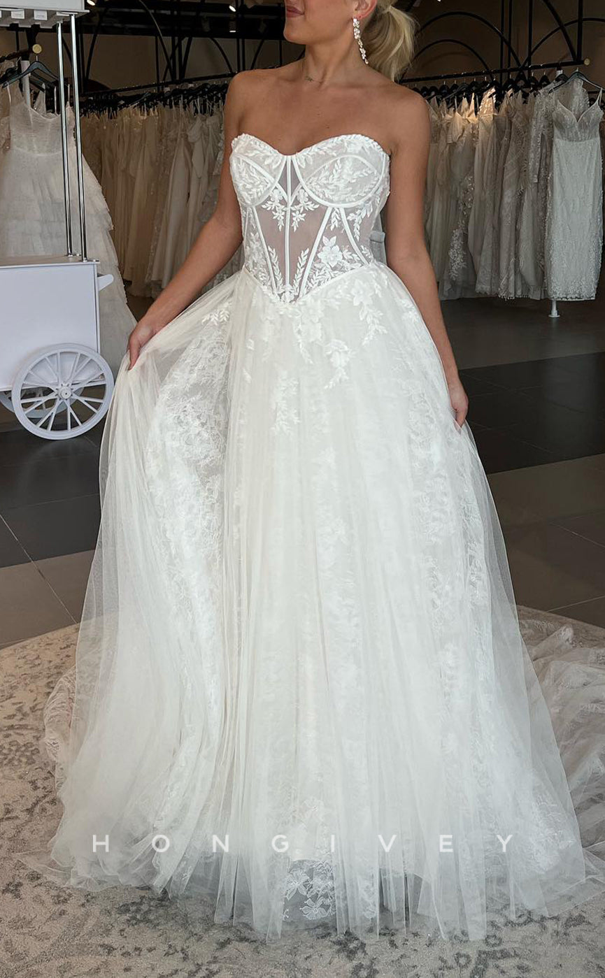 H1614 - Sweetheart Strapless Tulle Illusion Empire Lace Applique A-Line With Train Wedding Dress - Fashionpara