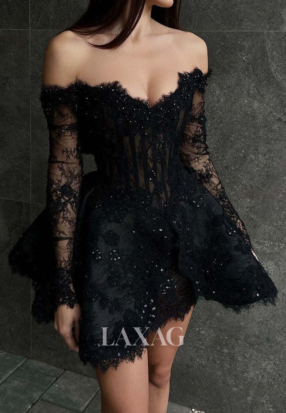 Sweetheart Off-Shoulder Long-Sleeves Sheer Lace Beaded Short A-Line Homecoming Dress