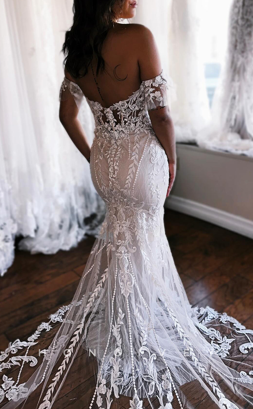 H1637 - Classic Lace Trumpet Sweetheart Off-Shoulder Empire Appliques With Train Boho Wedding Dress - Fashionpara