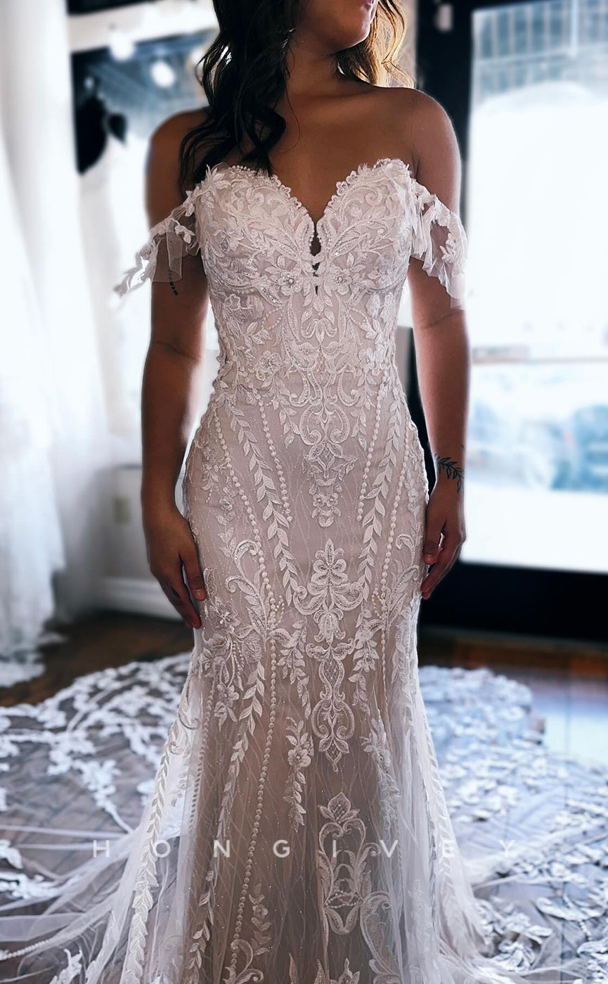 H1637 - Classic Lace Trumpet Sweetheart Off-Shoulder Empire Appliques With Train Boho Wedding Dress - Fashionpara
