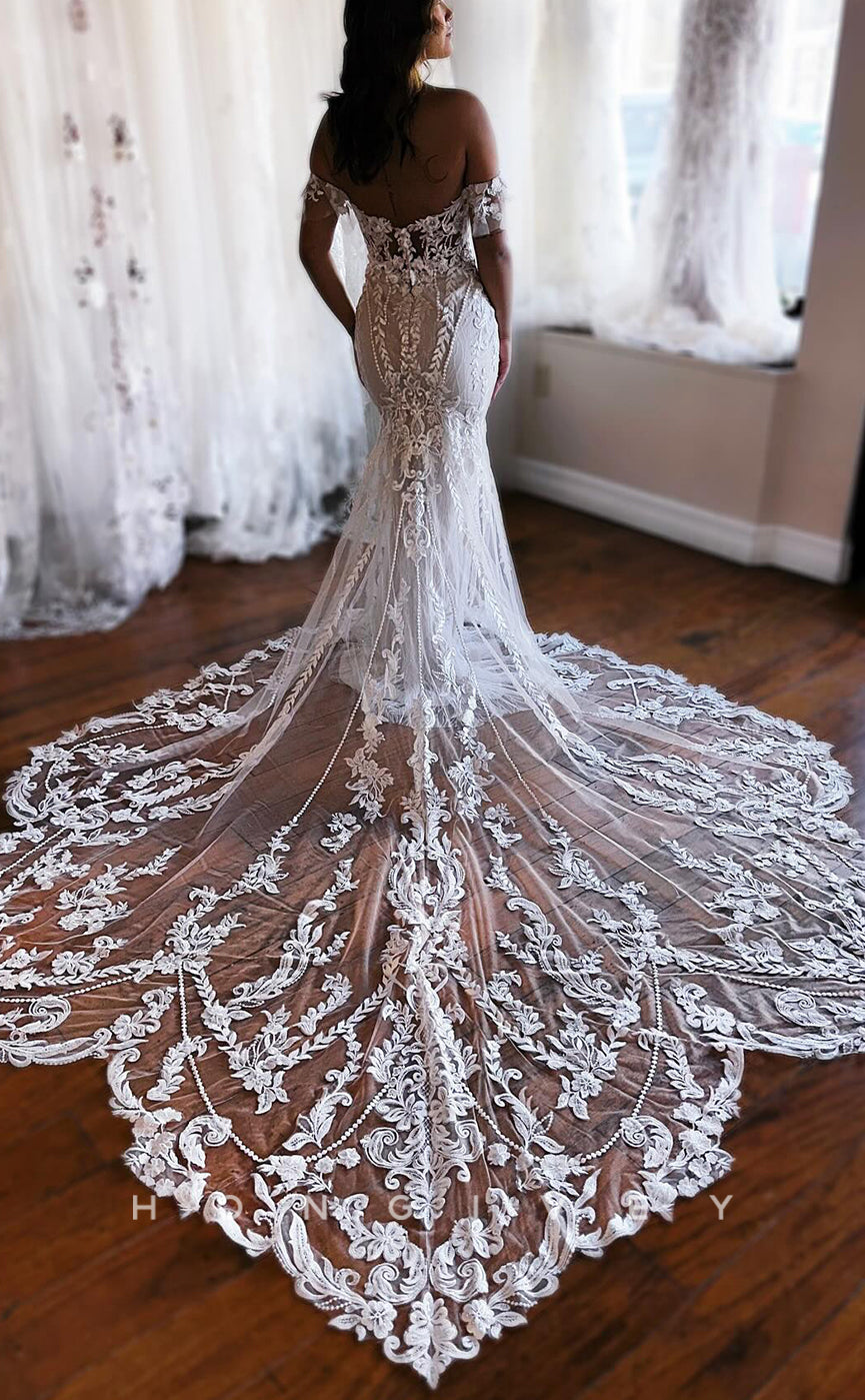 H1637 - Classic Lace Trumpet Sweetheart Off-Shoulder Empire Appliques With Train Boho Wedding Dress - Fashionpara