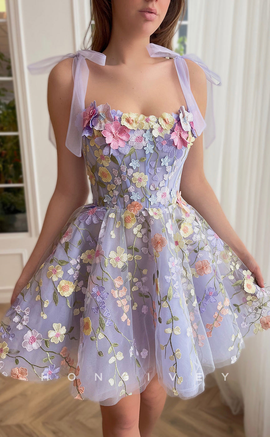 H1664 - Sweet Illusion Fully Foliage Lace Appliqued With Bow Detail Short Party Homecoming Graduation Dress - Fashionpara
