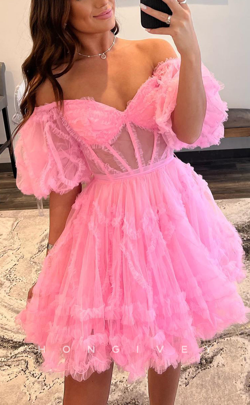 H1668 - Illusion Puff Sleeves Gown Cake Short Party Homecoming Graduation Dress - Fashionpara