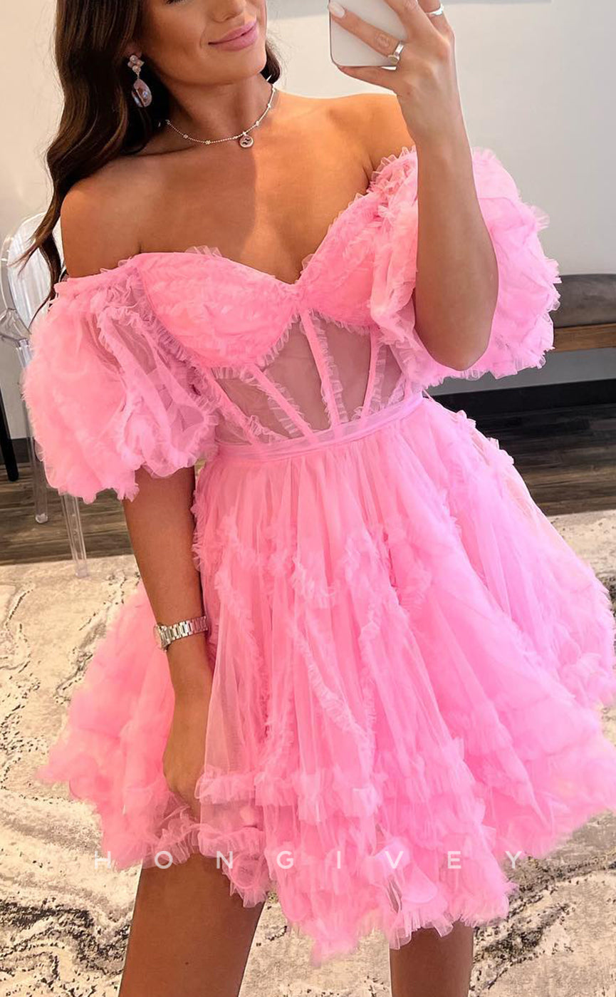 H1668 - Illusion Puff Sleeves Gown Cake Short Party Homecoming Graduation Dress - Fashionpara