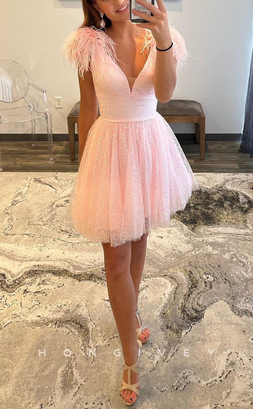H1669 - Sheer Feathered Fully Rhinestone Plunging Illusion Short Party Homecoming Graduation Dress - Fashionpara