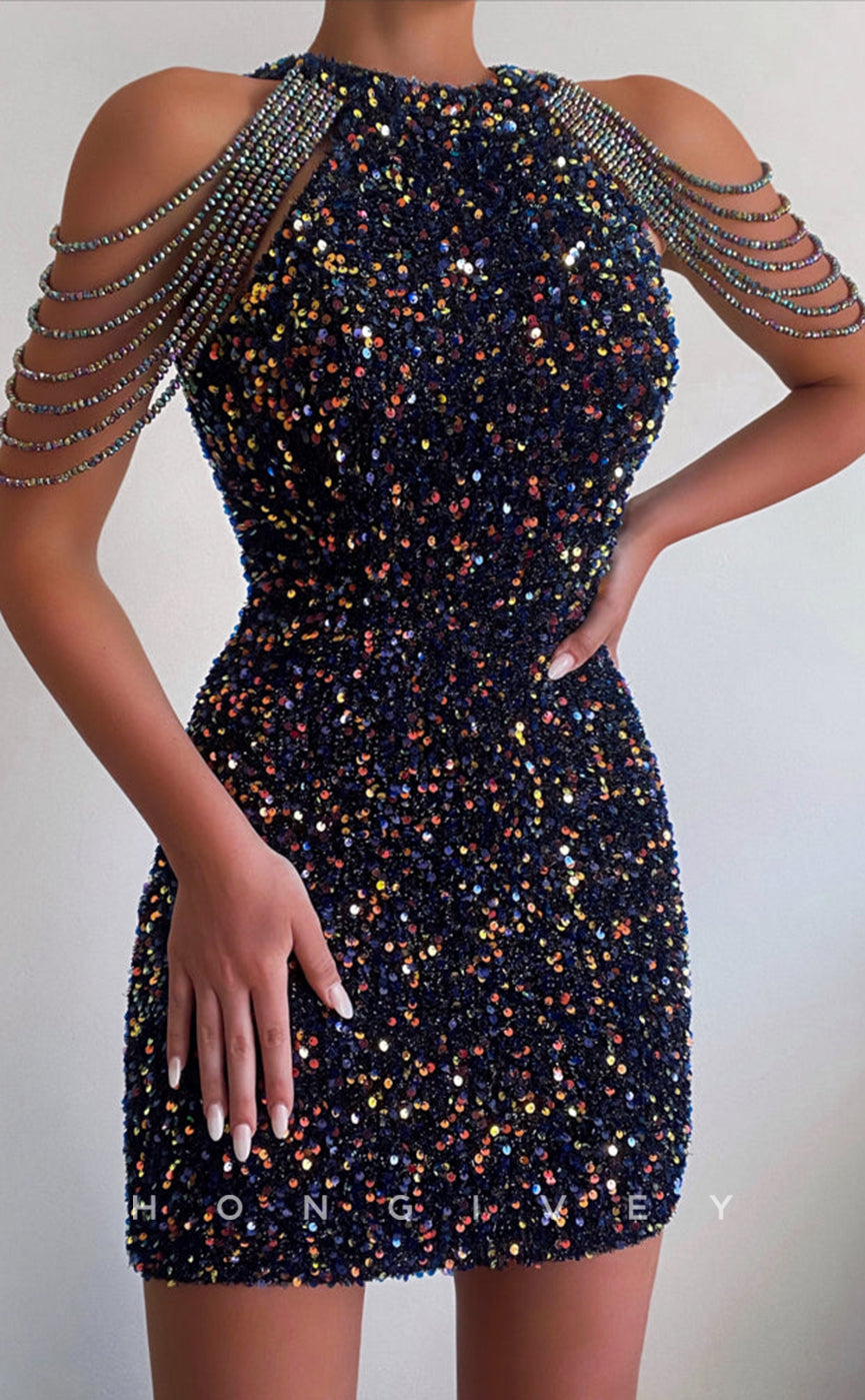 H1702 - Glitter Fully Sequined Beaded Short Party Homecoming Graduation Dress - Fashionpara