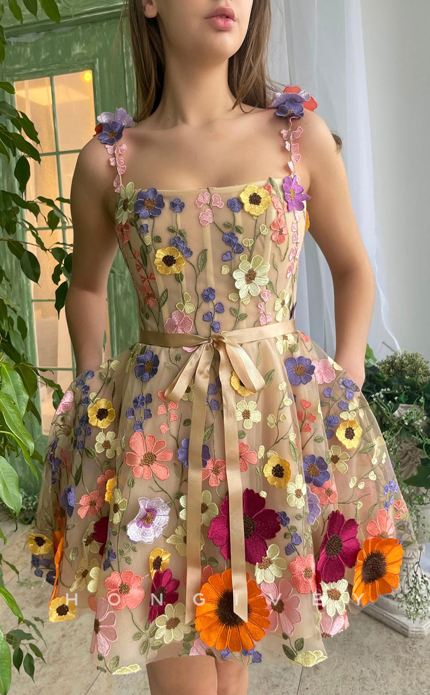 H1729 - Sweet Fully Floral Embossed Strappy Short Graduation Homecoming Party Dress - Fashionpara