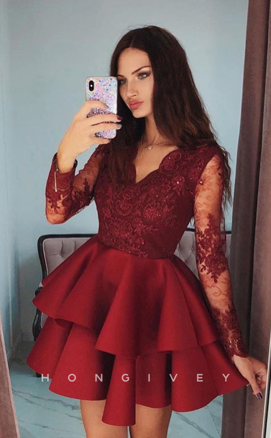 H1757 - Illusion Floral Lace Embroidered Cake Short Party Homecoming Graduation Dress - Fashionpara