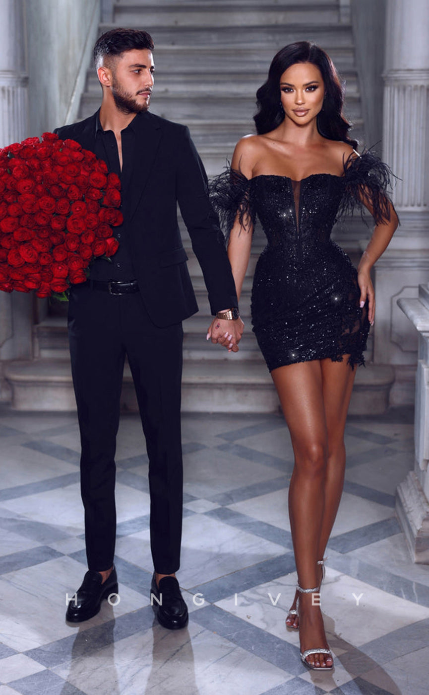 H1768 - Sparkly Fully Sequined Feathered Short Party Graduation Homecoming Dress - Fashionpara