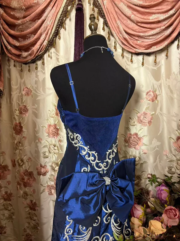 Vintage Spaghetti Straps Blue Satin Beaded Mermaid Evening Dress Long Prom Gown D1412