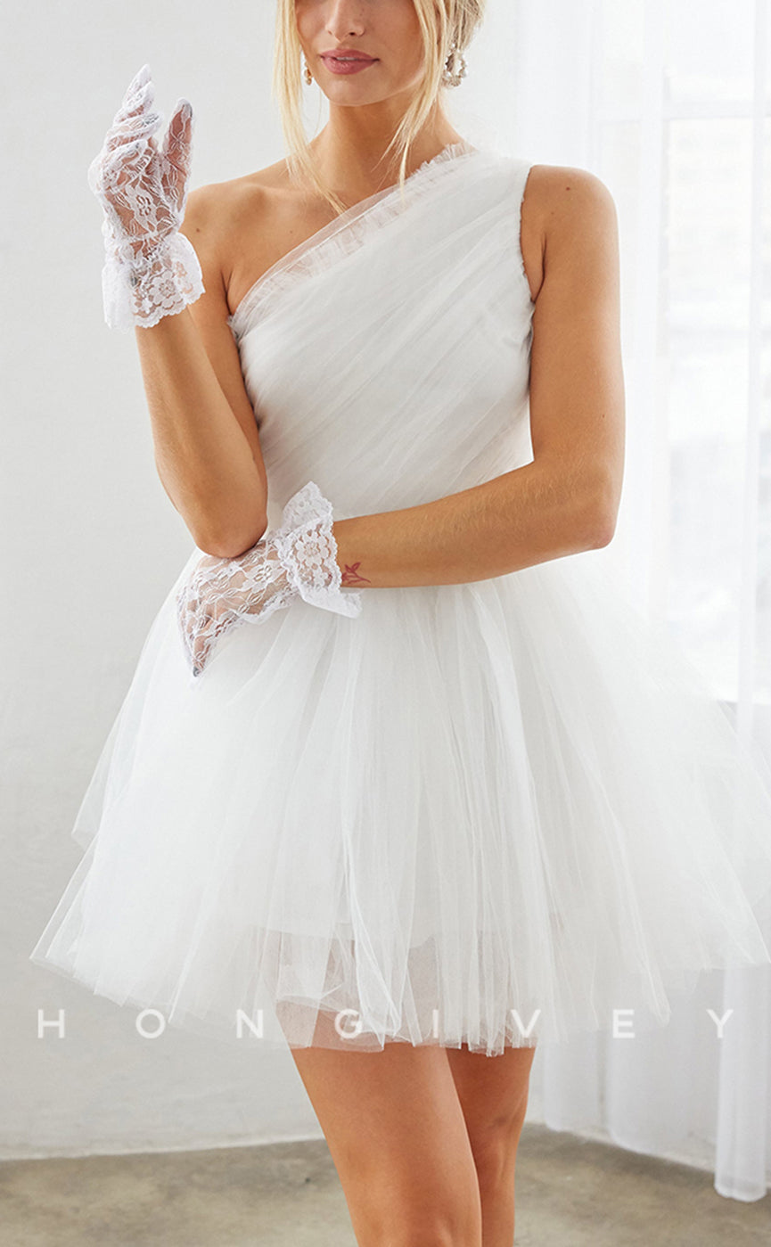 H1801 - Illusion One Shoulder With Lace Gloves Short Party Homecoming Graduation Dress - Fashionpara