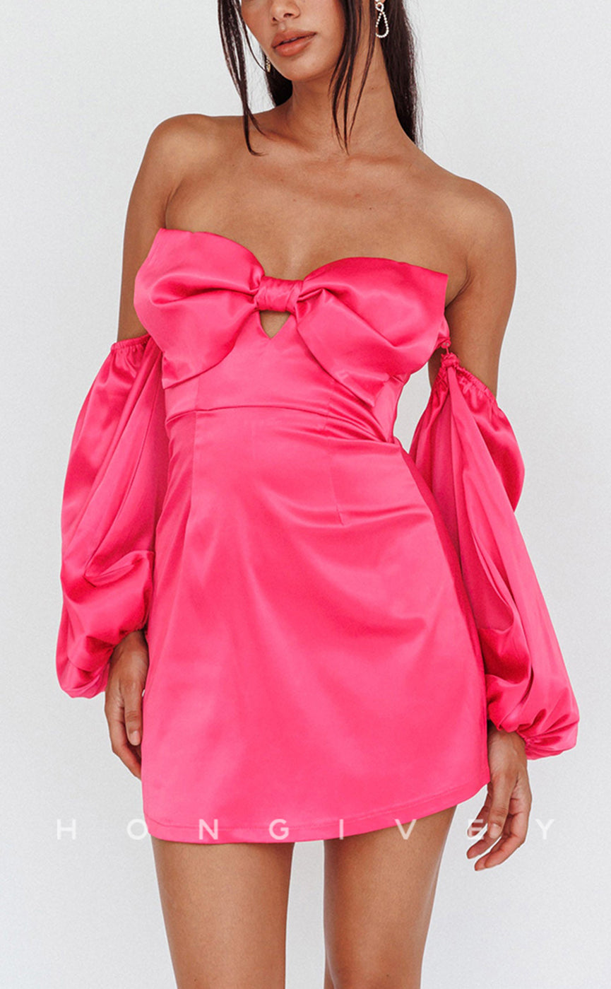 H1805 - Sweet Bow Detail Removable Sleeves Short Party Homecoming Graduation Dress - Fashionpara