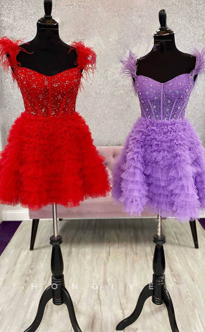H1912 - Sexy A-Line Off-Shoulder Feathers Appliques Illusion Cutout Short Evening/Homecoming Dress - Fashionpara