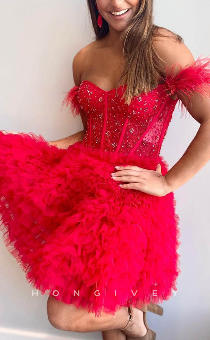 H1912 - Sexy A-Line Off-Shoulder Feathers Appliques Illusion Cutout Short Evening/Homecoming Dress - Fashionpara