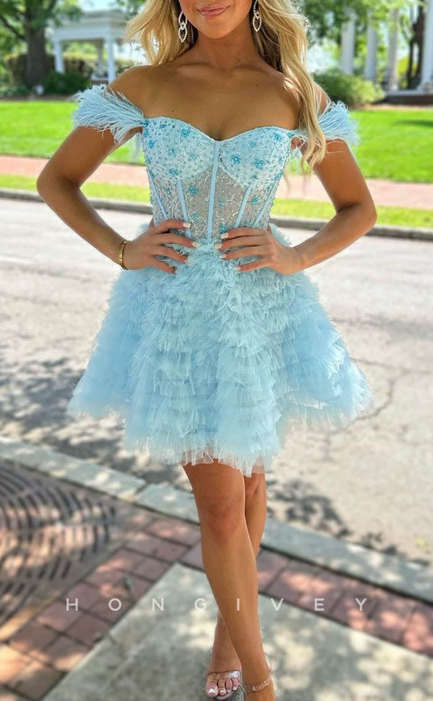 H1912 - Sexy A-Line Off-Shoulder Feathers Appliques Illusion Cutout Short Evening/Homecoming Dress - Fashionpara