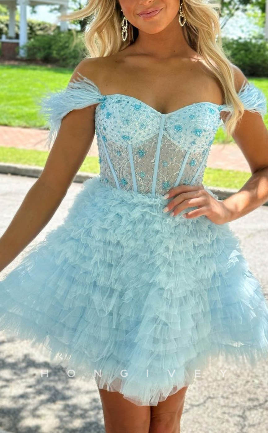 H1912 - Sexy A-Line Off-Shoulder Feathers Appliques Illusion Cutout Short Evening/Homecoming Dress - Fashionpara