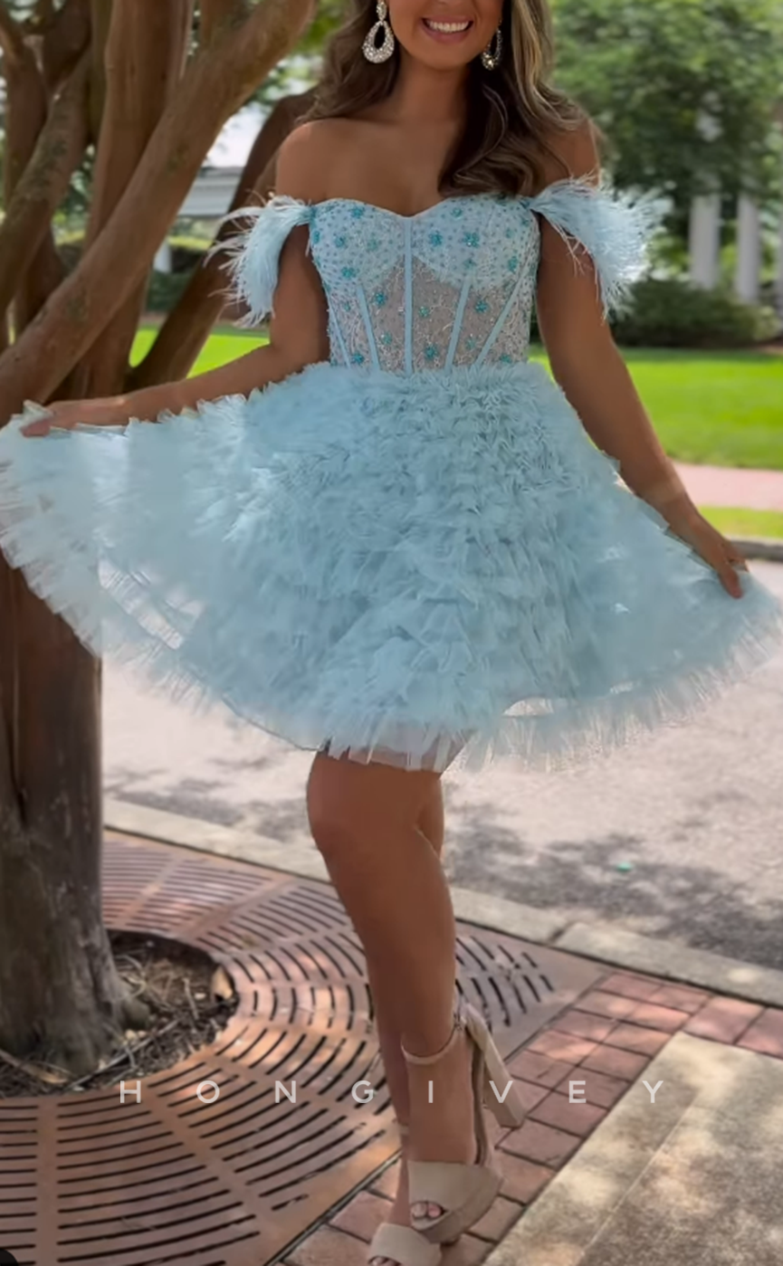 H1940 - Sexy A-Line Sheer Feathers Straps Tiered Ball Gown Short Cocktail/Homecoming Dress - Fashionpara