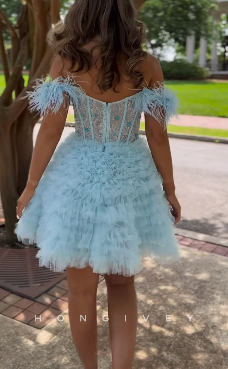 H1940 - Sexy A-Line Sheer Feathers Straps Tiered Ball Gown Short Cocktail/Homecoming Dress - Fashionpara