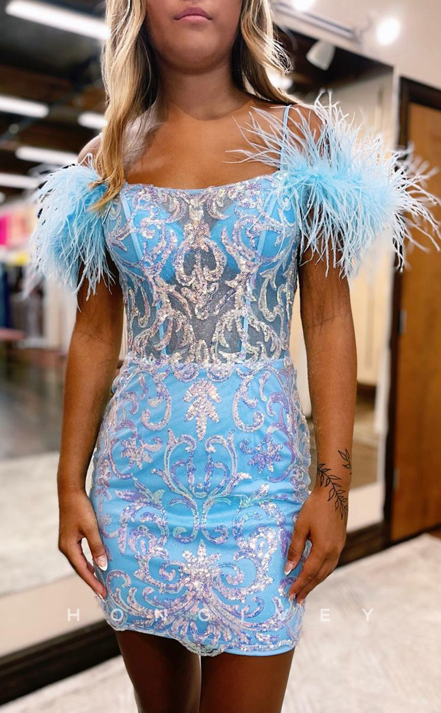 H1959 - Sexy Illusion Scoop Sequined Embellished Feather Straps Short Evening/Homecoming Dress - Fashionpara