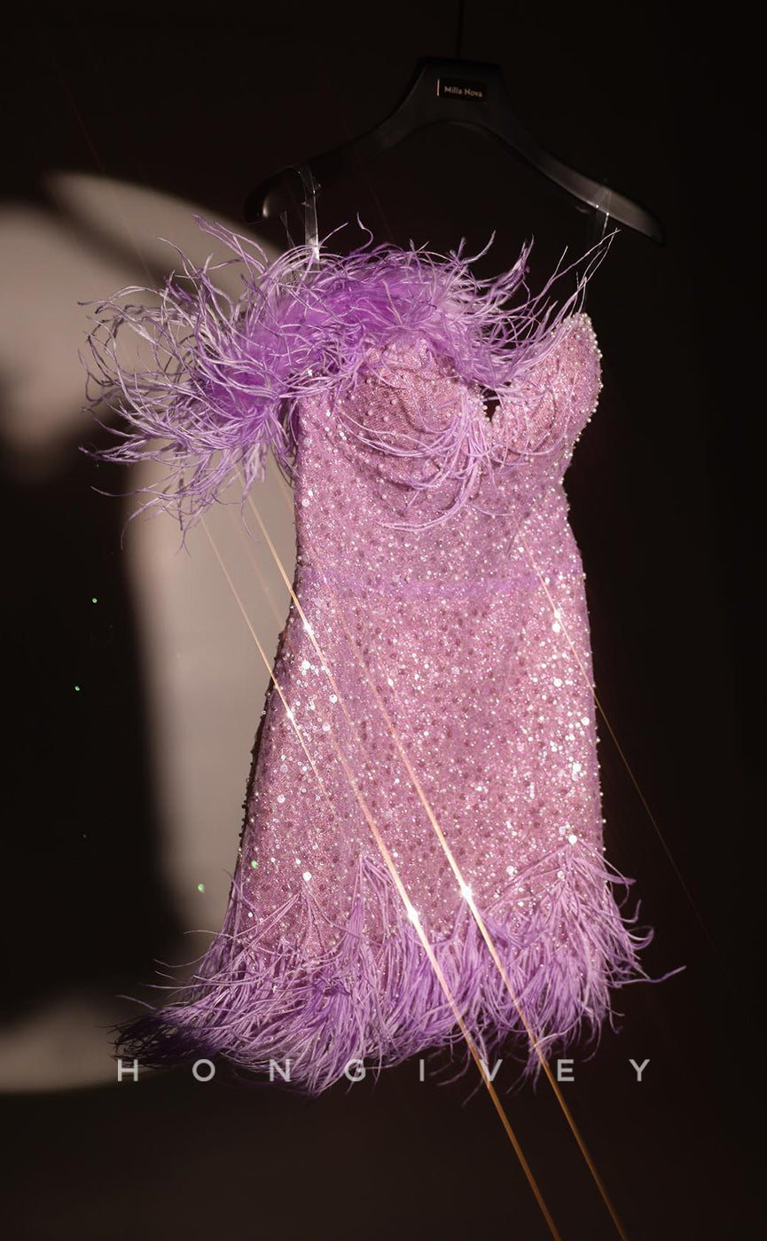 H1976 - Sexy Fitted Glitter Fully Sequined Sweetheart Feather Short Party/Homecoming Dress - Fashionpara
