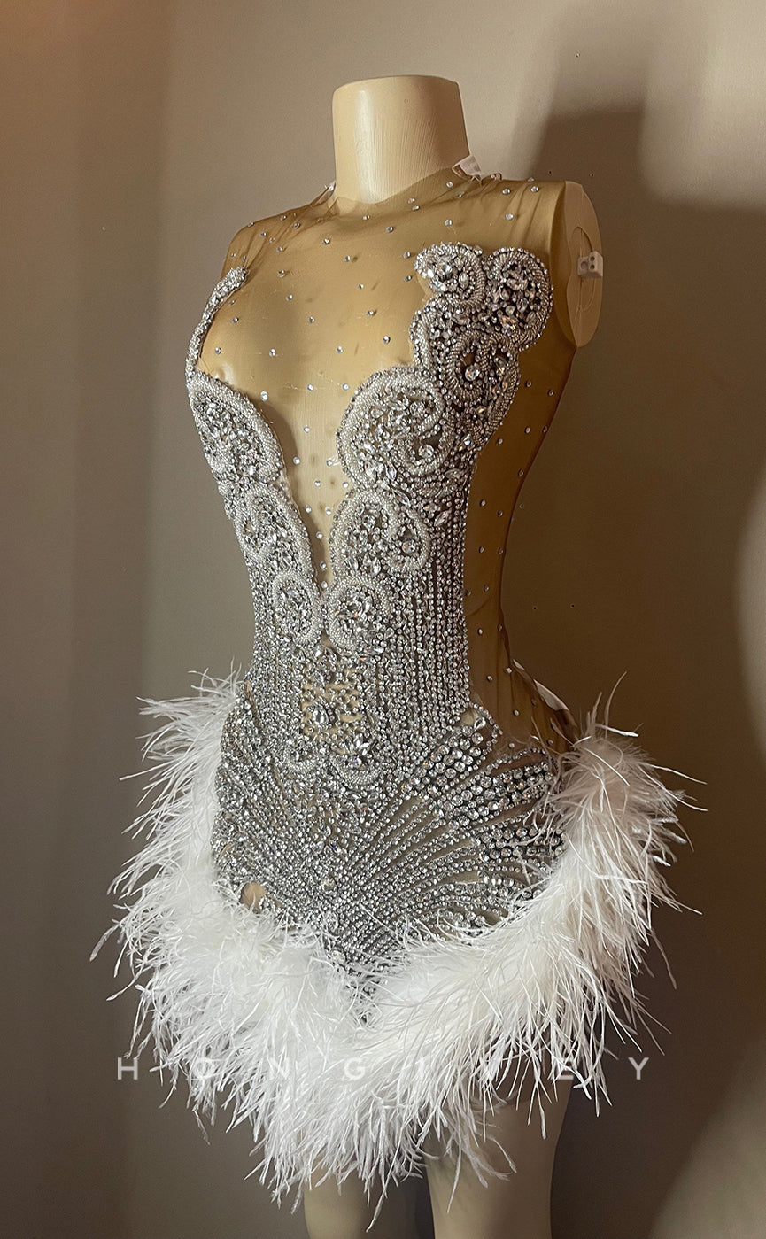 H1995 - Sexy Fitted Glitter Illusion High Neck Strapless Beaded Feathers Short Homecoming Dresses For Black Women - Fashionpara