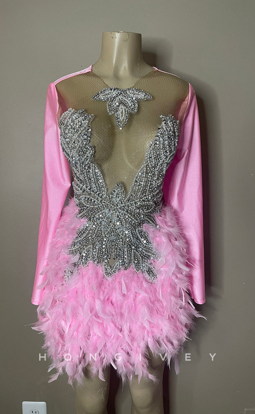 H1998 - Sexy Illusion Glitter A-Line Scoop Detachable Long Sleeves Sequins Feathers Short Homecoming Dresses For Black Women - Fashionpara