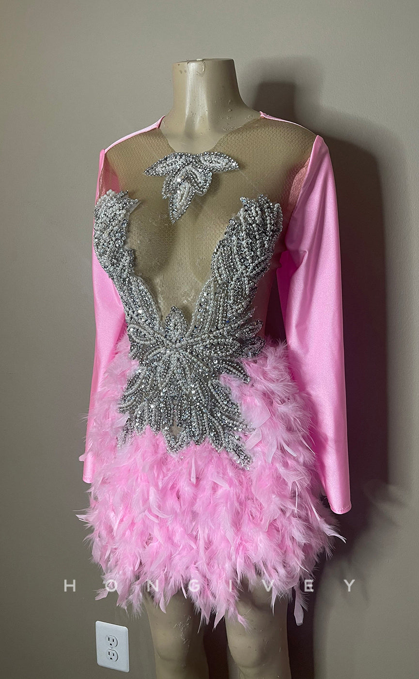 H1998 - Sexy Illusion Glitter A-Line Scoop Detachable Long Sleeves Sequins Feathers Short Homecoming Dresses For Black Women - Fashionpara