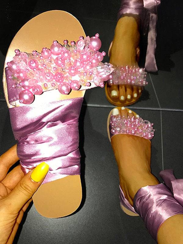 Ankle Strap Beaded Flat Heel Sandals