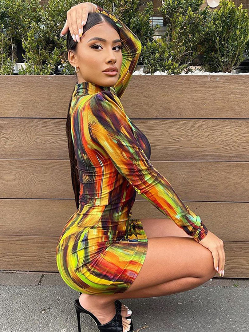 Abstract Print High Neck Long Sleeve Bodycon Mini Dress 2