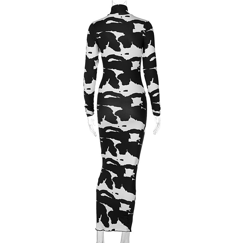 Abstract Print High Neck Long Sleeve Bodycon Maxi Dress 6