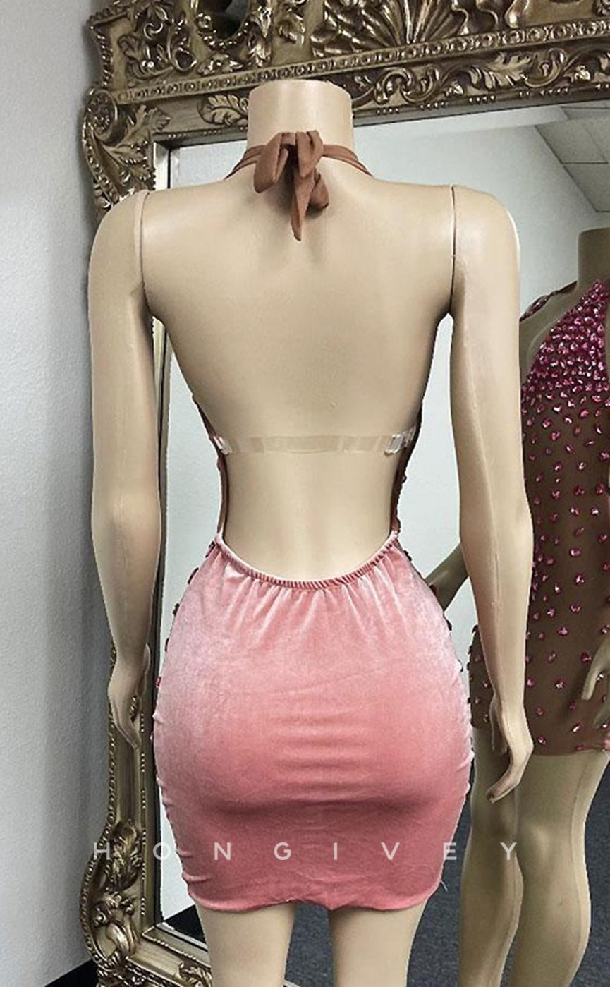 H2004 - Sexy Fitted Sheer Ballgown Halter Backless Sleeveless Homecoming Dresses For Black Women - Fashionpara
