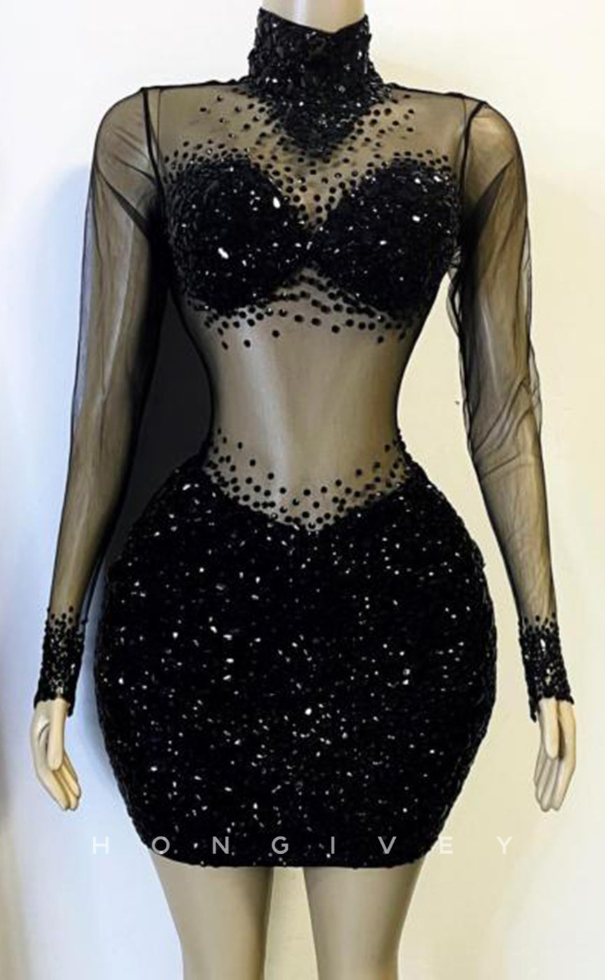 H2005 - Sexy Fitted Black Illusion High Neck Lace Long Sleeves Beaded Homecoming Dresses For Black Women - Fashionpara
