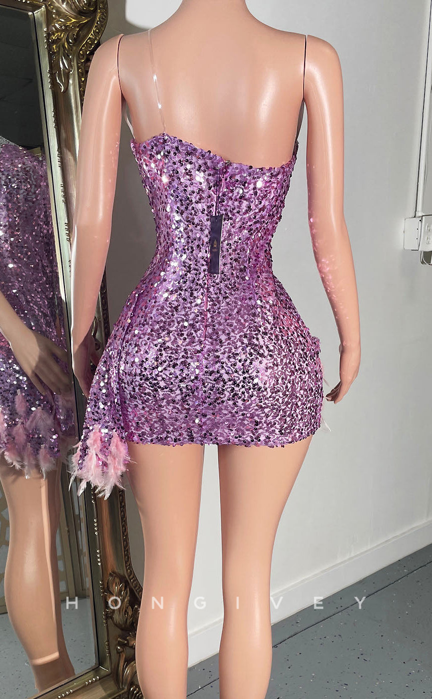 H2008 - Sexy Fitted Fully Sequined One Shoulder Spaghetti Straps Feathers Homecoming Dresses For Black Women - Fashionpara