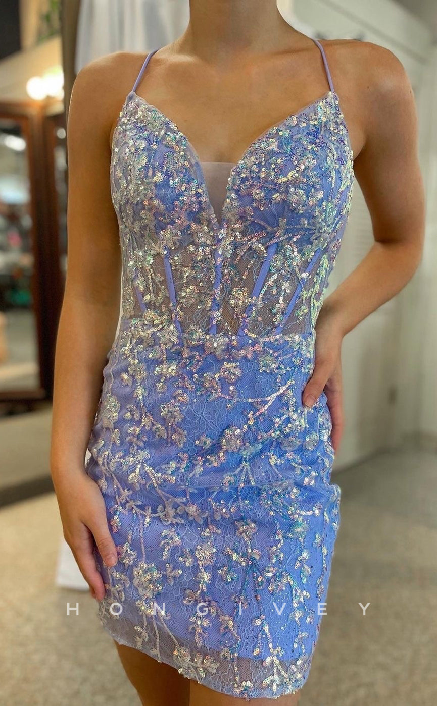 H2022 - Sexy Fitted Glitter V-Neck Spaghetti Straps Detachable Feathers Homecoming Dress - Fashionpara