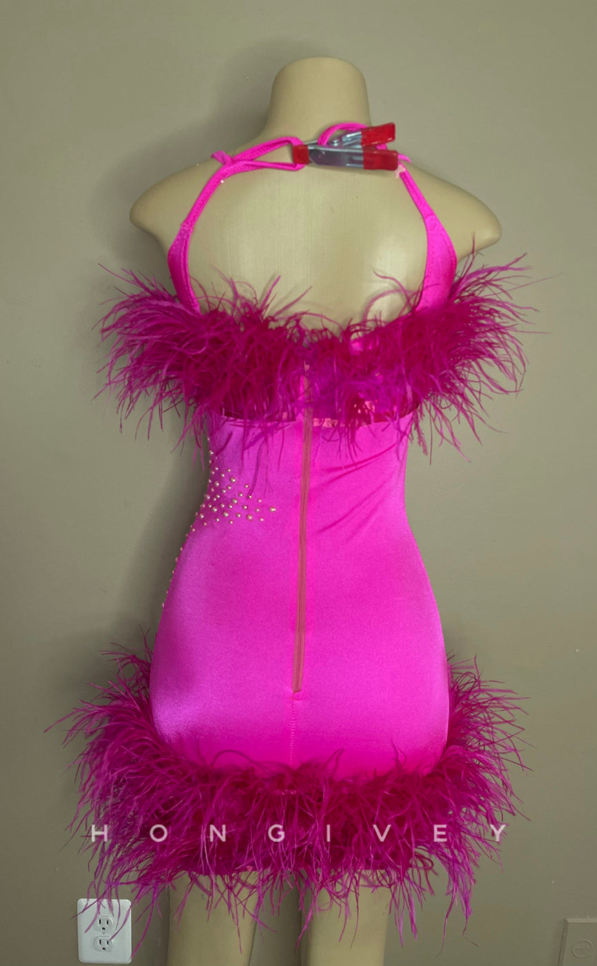 H2023 - Sexy Fitted Square Spaghetti Straps Feathers Short Homecoming Dress - Fashionpara