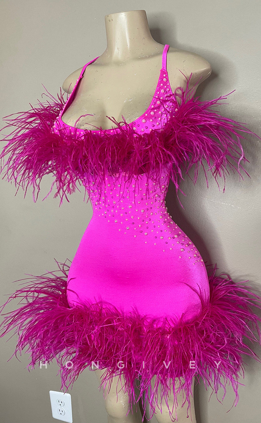 H2023 - Sexy Fitted Square Spaghetti Straps Feathers Short Homecoming Dress - Fashionpara